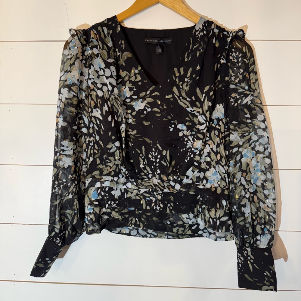 WHBM Floral Print Blouse with Sheer Sleeves